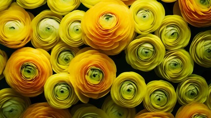 Radiant Ranunculus blossoms seen from above, forming a mesmerizing pattern in high resolution