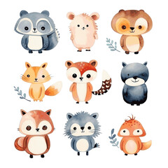 Set of cute funny cartoon animals watercolor paint on white background