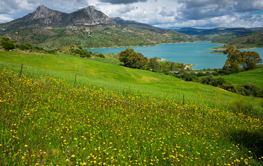Scenic view of artificial lake Zahara in hills of Andalusia, southern Spain..