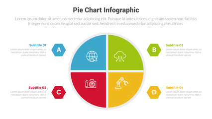 piechart or pie chart diagram infographics template diagram with 4 point with piechart slice square on center with hexagon shape design for slide presentation
