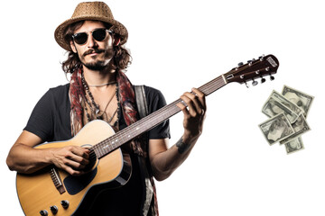 Guitar Playing Musician with Money on Transparent Background
