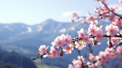 Serenity Blossom petals caught in a gentle breeze against a backdrop of a tranquil mountain range.