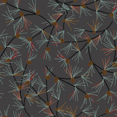 A Warm Charcoal Gray Background with Scattered Pine Boughs and Branches Create a Seamless Vector Repeat Pattern Design Perfect for a Flannel Shirt on a Cold Winter Day