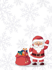 Template with Santa Claus and a red bag full of Christmas gifts on a white background with snowflakes. Cartoon vector illustration. Copy space.