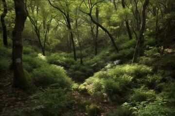 Fototapeta na wymiar dense lush forest in a secluded area. Generative AI