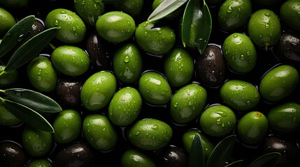 Background of green olives. wet green olives. Olives. Olive
