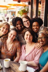 Group of diverse women sitting at a table in a coffee shop.