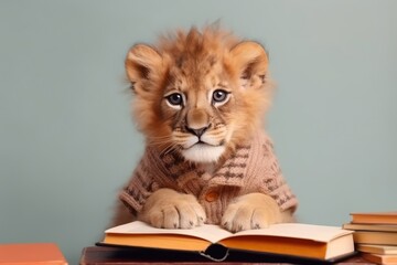 a happy baby lion in student clothes ready to study