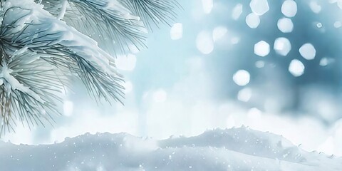 Gorgeous Winter Scene: Frosted Spruce Branches, Pure Snow Drifts, Bokeh Christmas Lights, Text Space.