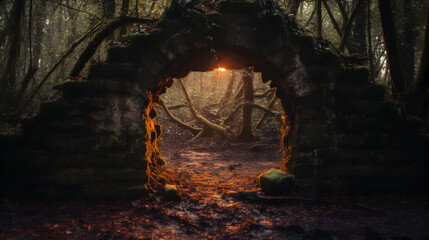 An ancient stone arch nestled within a forest, serving as a mystical gateway to a land of fantasy