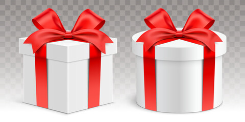 Set of round and square shape white gift boxes wrapped with red ribbons, isolated on transparent background. Realistic giftbox vector illustration.