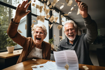 Excited mature couple celebrating financial success, reading good news in documents, and giving a high five - obrazy, fototapety, plakaty