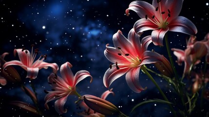 Starlight Lily flowers in full bloom, set against a backdrop of a vivid, star-studded night sky.