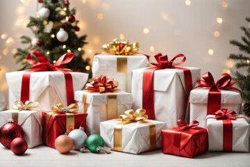 Fototapeta premium A festive background with Christmas gifts and ornaments on a flat white background. For holiday marketing and advertising. With copyspace and top view.