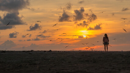 A woman looking at the sunset with birds flying in barra vieja Acapulco city Mexico