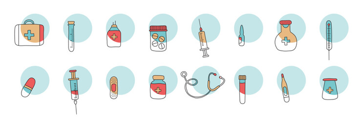 Medical outline vector icon, medicine doodle line set. Modern hand drawn first aid kit, syringe, stethoscope, vial, pills, vaccine on colorful banner. Healthcare illustration