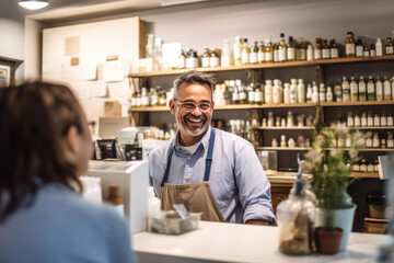 a store clerk at the counter talking to a customer, smiling, happy, worker.