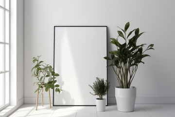 Aesthetic interior design with a wooden table, potted plant, and mockup picture frame. Generative AI technology enhances the image's beauty.