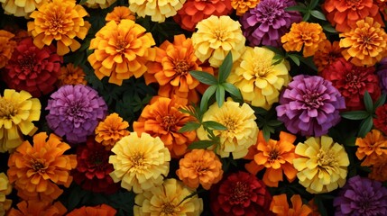 Starry Marigold blossoms in various colors, arranged in a mesmerizing pattern that resembles a...