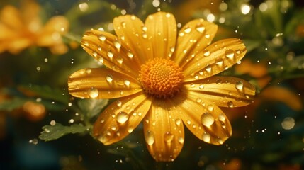Starry Marigold leaves covered in morning dew, creating a glistening, otherworldly effect.