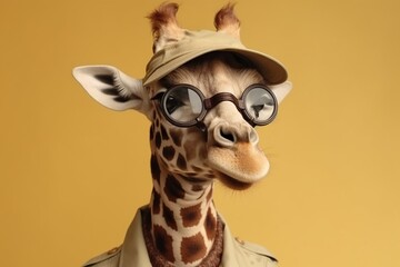 portrait of happy giraffe wearing glasses