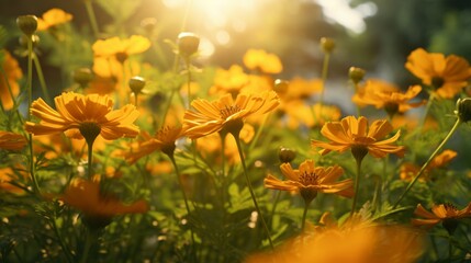 Starry Marigold petals catching the first rays of the morning sun, with a backdrop of lush greenery.
