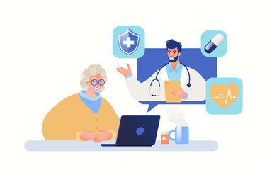 Medical care and health plan for seniors concept. Senior woman seeking medical advice with doctor using laptop computer app. Vector flat cartoon illustration.