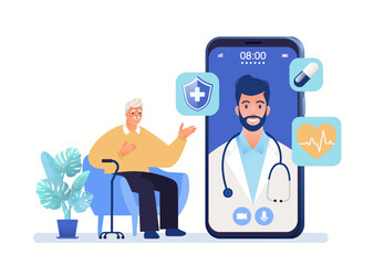Medical care and health plan for seniors concept. Senior men seeking medical advice with doctor using smartphone app. Vector flat cartoon illustration.