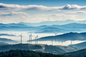 Wide outlook of the Appalachian mountain range and modern windmills dotting the landscape. Generative AI