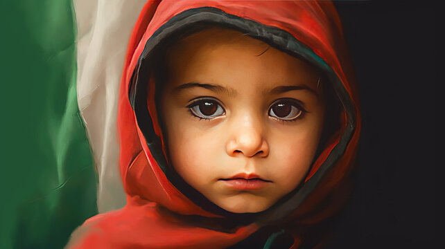 illustration of a ragged child background a Palestinian flag portrait.