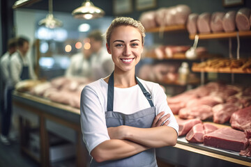 A happy female butcher standing with arms crossed in modern meat shop.generative ai