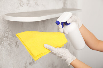 Young woman cleaning shelf at home