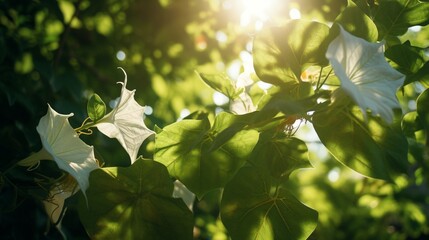 Sunlight filtering through the heart-shaped leaves of an Angel's Trumpet Vine, creating a...