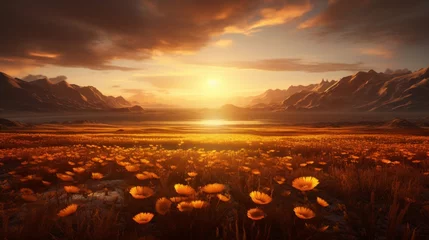 Zelfklevend Fotobehang Sunlit saffron fields stretching to the horizon, with the sun setting behind the mountains, casting a warm, golden hue. © Anmol