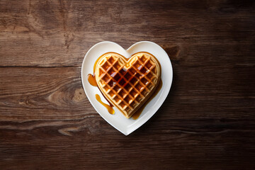 A heart-shaped waffle is on a white heart-shaped plate, with syrup poured on it. - Generative AI