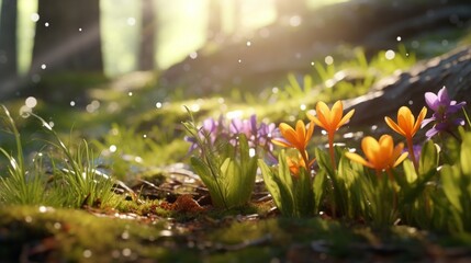 Sunlit saffron flowers adorning a lush forest floor, creating a magical and vibrant woodland scene. - obrazy, fototapety, plakaty