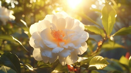 The Celestial Camellia leaves catching the first rays of the morning sun, creating a mesmerizing...