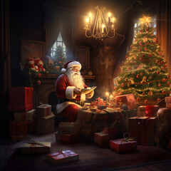 Kartka na Boże Narodzenie, Święty Mikołaj pakujący prezenty przy choince. AI generative