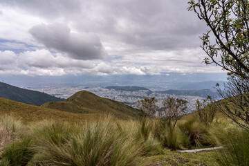 Beautiful view of the volcanoes from the top of the Pichincha volcano in the capital of Ecuador in the city of Quito.