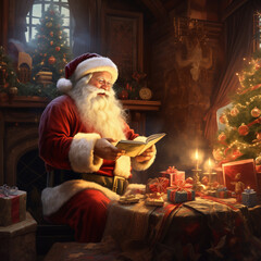 Kartka świąteczna, Boże Narodzenie, święty Mikołaj czyta list. AI generative