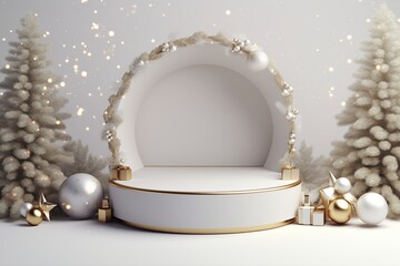 Elegant Christmas Display with Frosted Garland, Gold Baubles, and White Pedestal