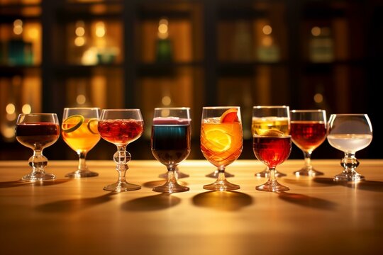 Various aligned cocktail glasses on a bar. Generative AI