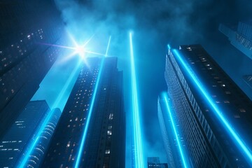 Skyscrapers illuminated by brilliant blue beams. Generative AI