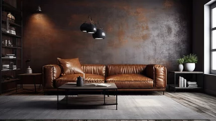 Fotobehang Black living room interior with leather sofa, minimalist industrial style, 3d render. Decor concept. Real estate concept. Art concept. © IC Production