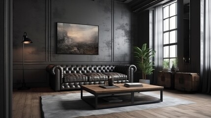 Black living room interior with leather sofa, minimalist industrial style, 3d render. Decor concept. Real estate concept. Art concept.