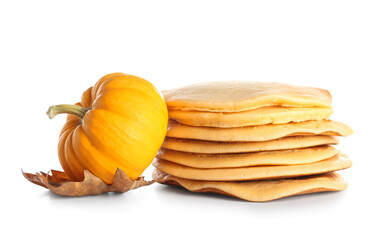 Tasty pumpkin pancakes on white background