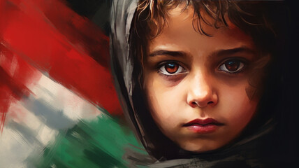 illustration of a ragged child background a Palestinian flag portrait.generative ai