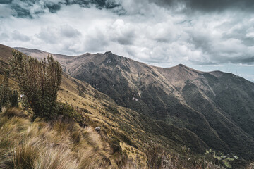 Beautiful view of the volcanoes from the top of the Pichincha volcano in the capital of Ecuador in the city of Quito.