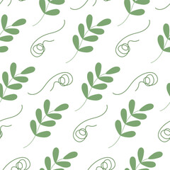 Seamless pattern of spring twigs with small leaves and curly decorative elements in trendy green