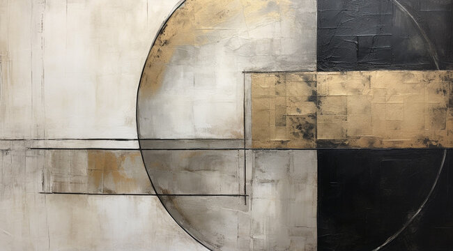 A captivating abstract gold circle painted with black and splashes of gold, black, gray, and beige. Ideal for luxury hotel decor. Generative AI.